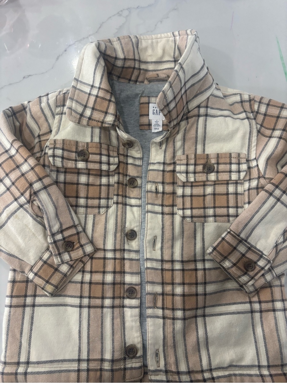 GAP Beige and Cream Plaid Button-Down Shirt Jacket